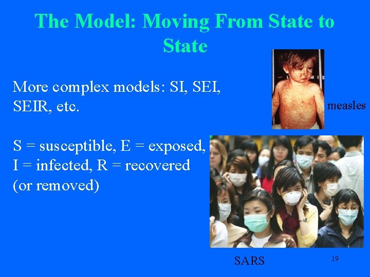 The Model: Moving From State to State More complex models: SI, SEIR, etc. measles