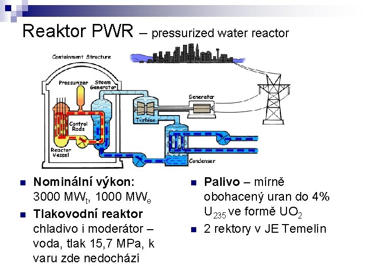 Reaktor PWR – pressurized water reactor n n Nominální výkon: 3000 MWt, 1000 MWe