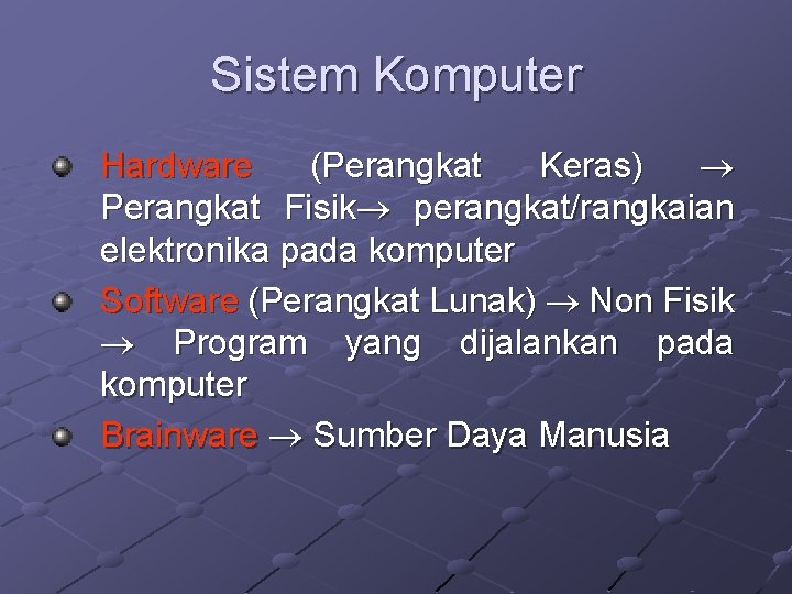 Sistem Komputer Hardware (Perangkat Keras) Perangkat Fisik perangkat/rangkaian elektronika pada komputer Software (Perangkat Lunak)