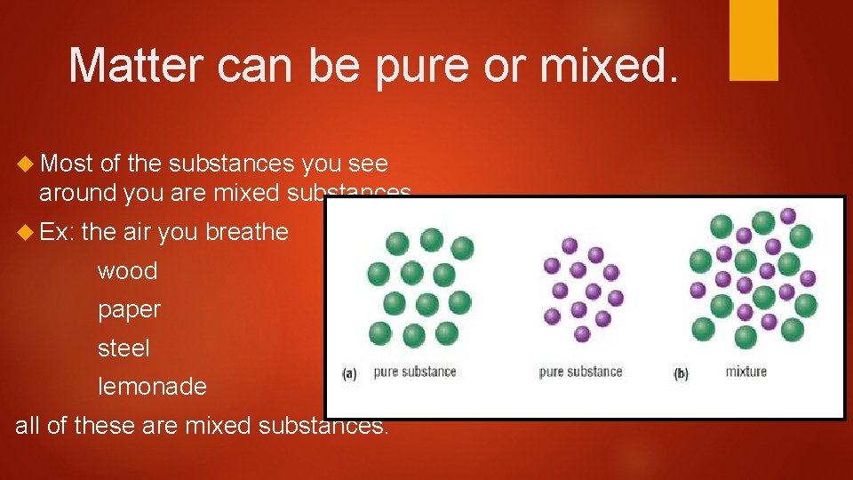 Matter can be pure or mixed. Most of the substances you see around you