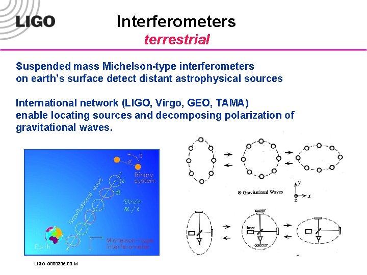Interferometers terrestrial Suspended mass Michelson-type interferometers on earth’s surface detect distant astrophysical sources International