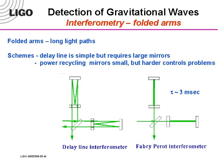 Detection of Gravitational Waves Interferometry – folded arms Folded arms – long light paths