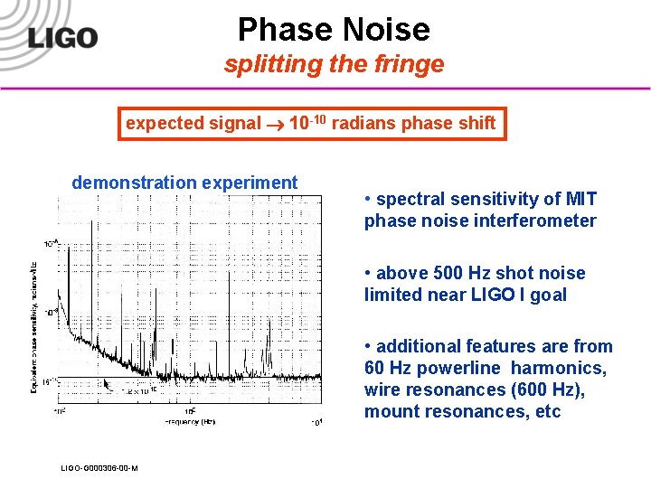 Phase Noise splitting the fringe expected signal 10 -10 radians phase shift demonstration experiment