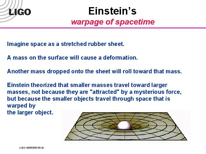 Einstein’s warpage of spacetime Imagine space as a stretched rubber sheet. A mass on