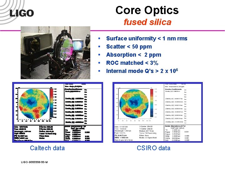 Core Optics fused silica § § § Caltech data LIGO-G 000306 -00 -M Surface