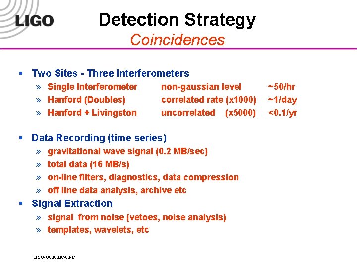 Detection Strategy Coincidences § Two Sites - Three Interferometers » Single Interferometer » Hanford