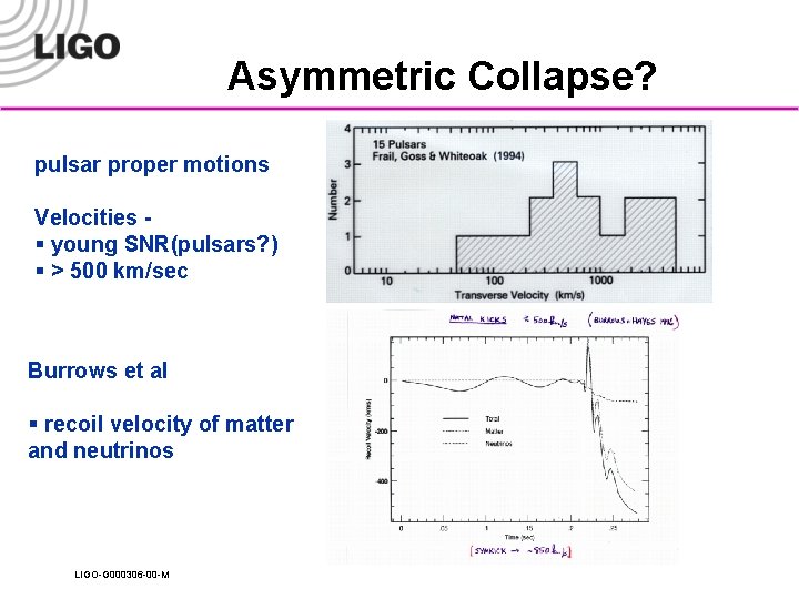 Asymmetric Collapse? pulsar proper motions Velocities § young SNR(pulsars? ) § > 500 km/sec