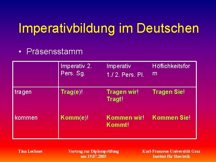 Imperativbildung im Deutschen • Präsensstamm Imperativ 2. Pers. Sg. Imperativ 1. / 2. Pers.