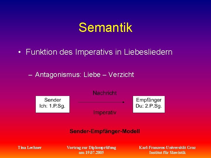 Semantik • Funktion des Imperativs in Liebesliedern – Antagonismus: Liebe – Verzicht Tina Lechner