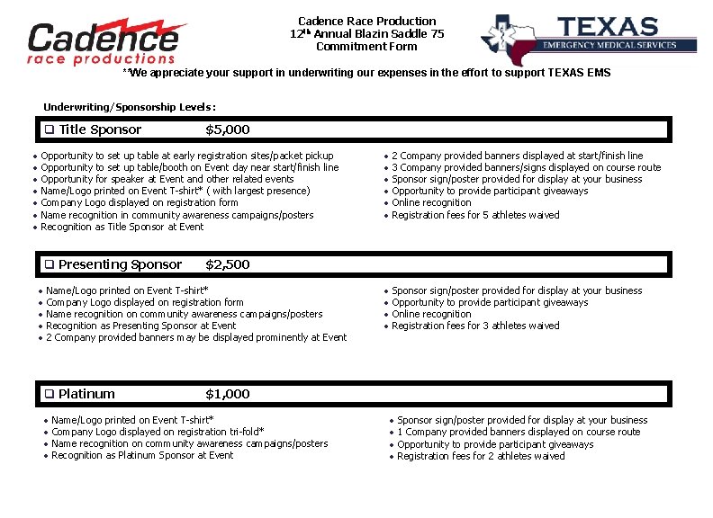 Cadence Race Production 12 th Annual Blazin Saddle 75 Commitment Form **We appreciate your