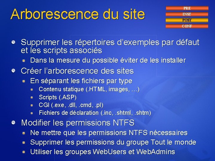Arborescence du site PRE INST POST CONF Supprimer les répertoires d’exemples par défaut et