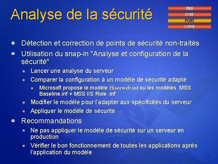 Analyse de la sécurité PRE INST POST CONF Détection et correction de points de