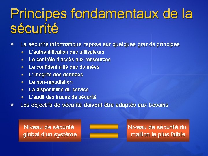 Principes fondamentaux de la sécurité La sécurité informatique repose sur quelques grands principes L’authentification