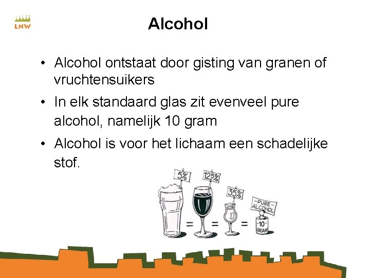 Alcohol • Alcohol ontstaat door gisting van granen of vruchtensuikers • In elk standaard