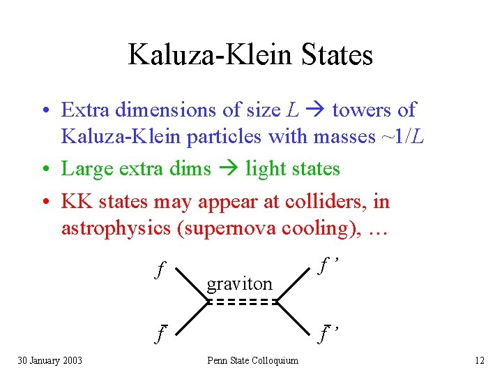 Kaluza-Klein States • Extra dimensions of size L towers of Kaluza-Klein particles with masses