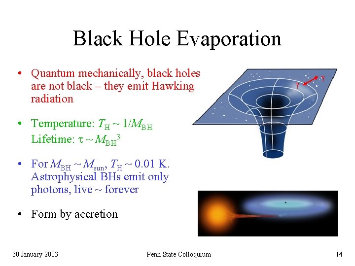 Black Hole Evaporation • Quantum mechanically, black holes are not black – they emit