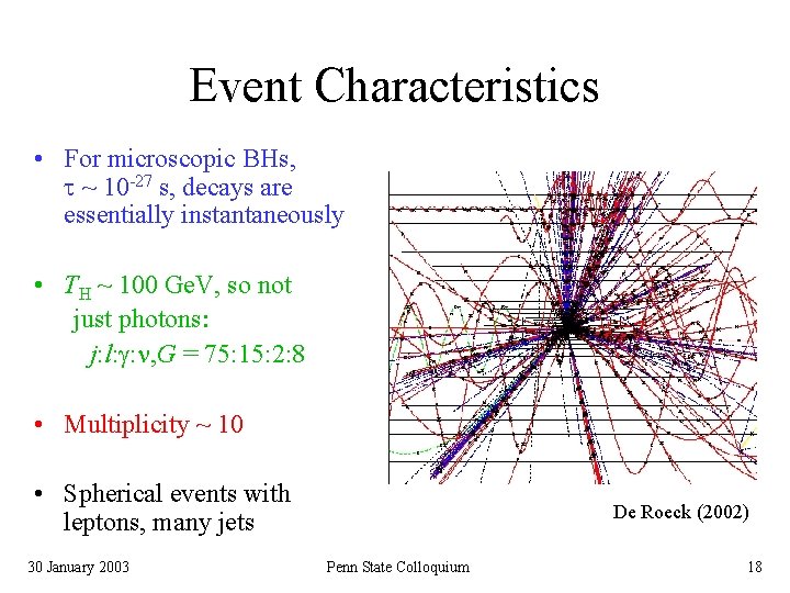 Event Characteristics • For microscopic BHs, t ~ 10 -27 s, decays are essentially