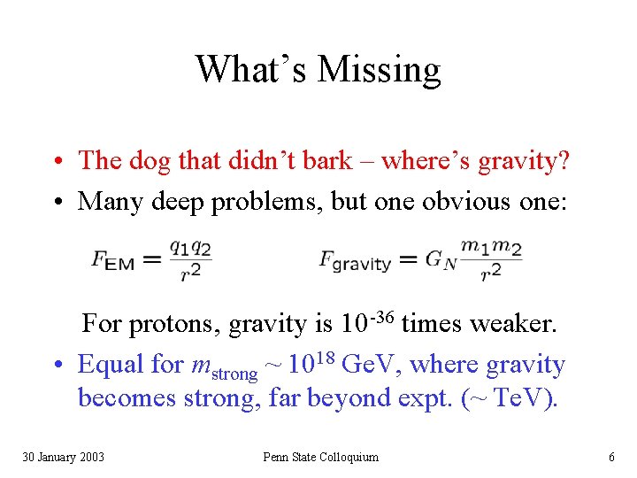 What’s Missing • The dog that didn’t bark – where’s gravity? • Many deep
