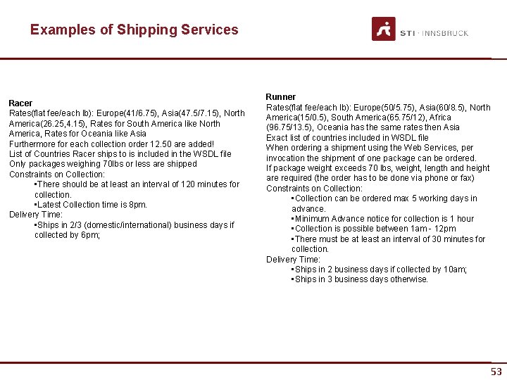 Examples of Shipping Services Racer Rates(flat fee/each lb): Europe(41/6. 75), Asia(47. 5/7. 15), North