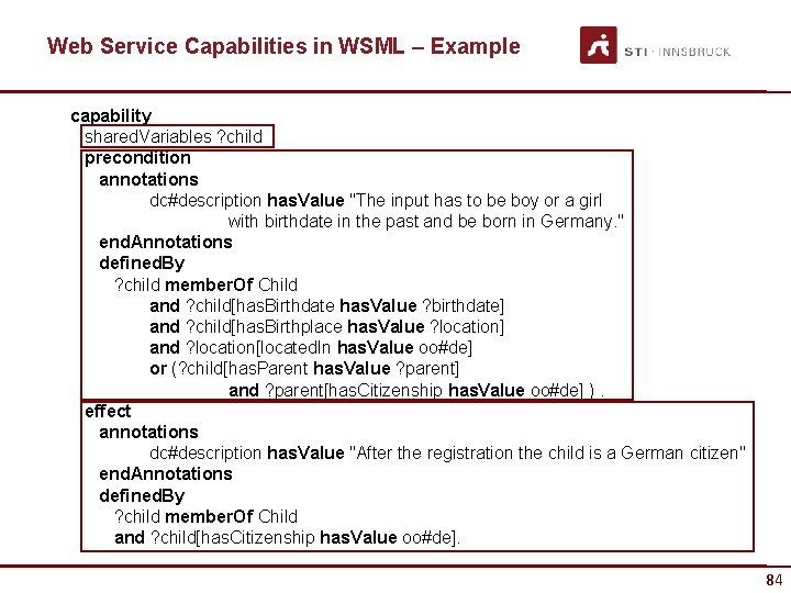 Web Service Capabilities in WSML – Example capability shared. Variables ? child precondition annotations