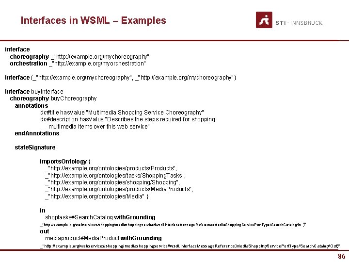 Interfaces in WSML – Examples interface choreography _"http: //example. org/mychoreography" orchestration _"http: //example. org/myorchestration"