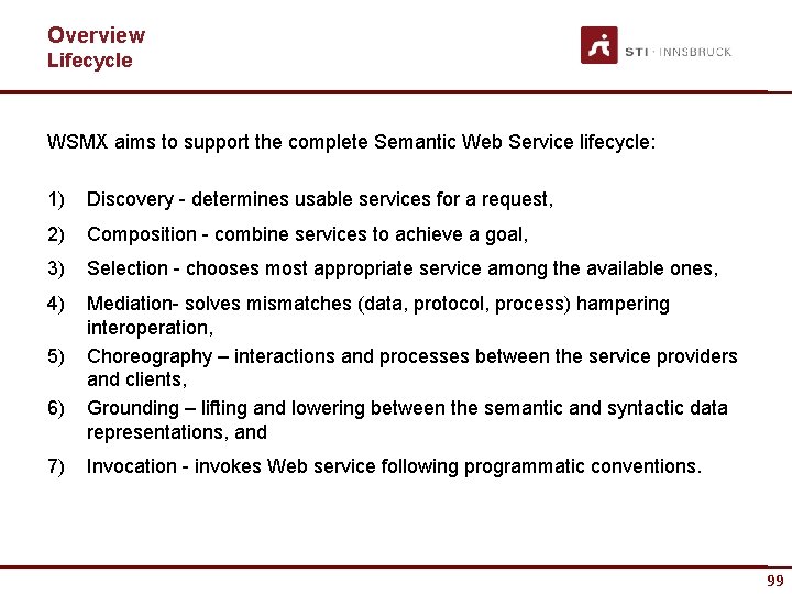 Overview Lifecycle WSMX aims to support the complete Semantic Web Service lifecycle: 1) Discovery