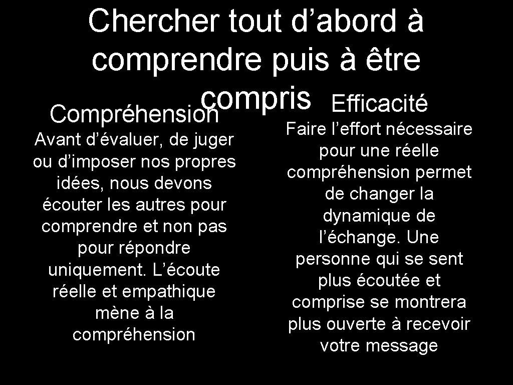 Chercher tout d’abord à comprendre puis à être compris Efficacité Compréhension Avant d’évaluer, de