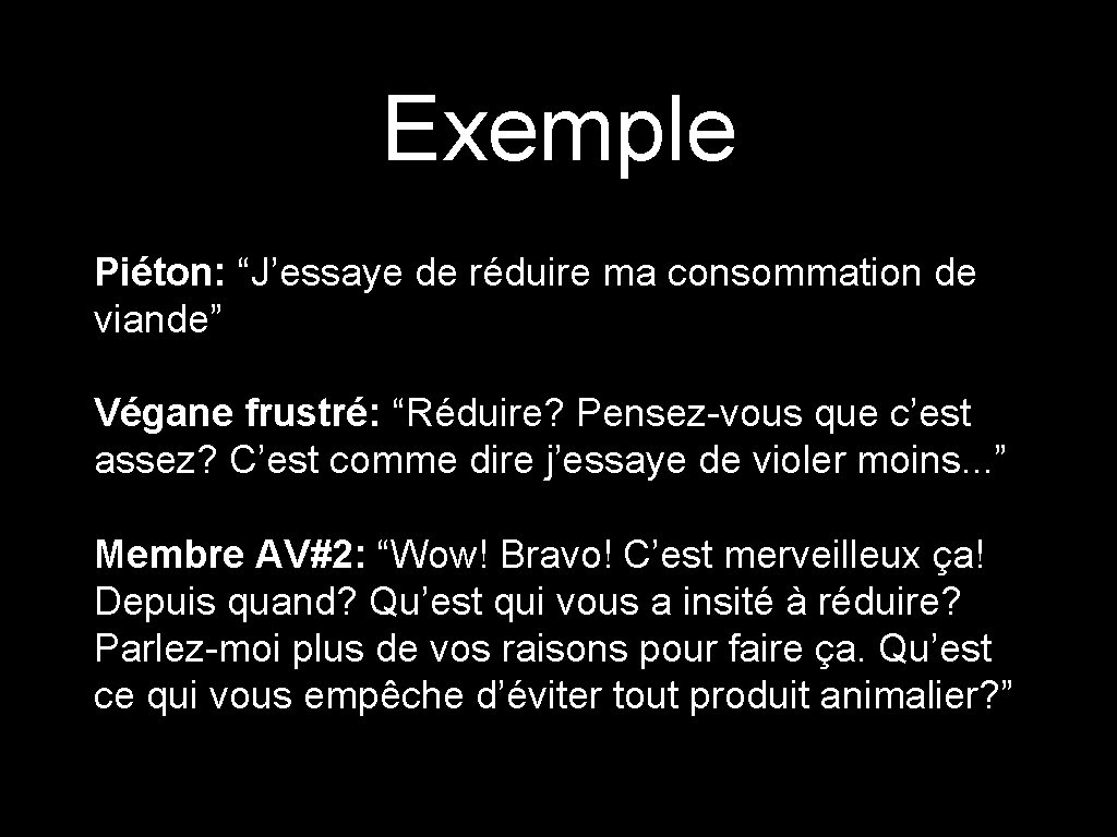 Exemple Piéton: “J’essaye de réduire ma consommation de viande” Végane frustré: “Réduire? Pensez-vous que