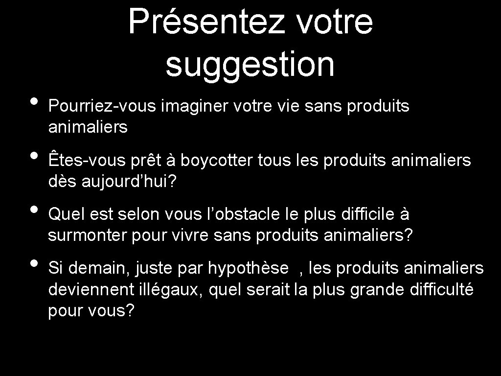 Présentez votre suggestion • Pourriez-vous imaginer votre vie sans produits animaliers • Êtes-vous prêt