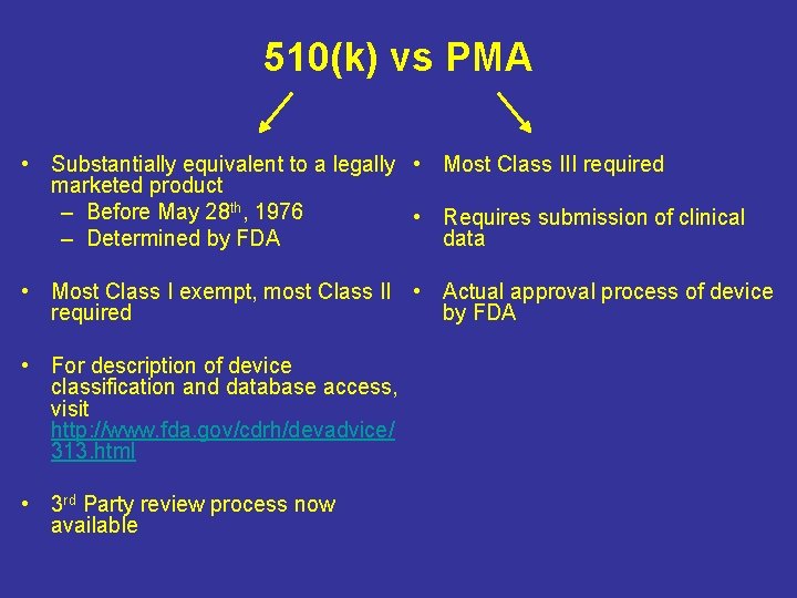 510(k) vs PMA • Substantially equivalent to a legally • Most Class III required