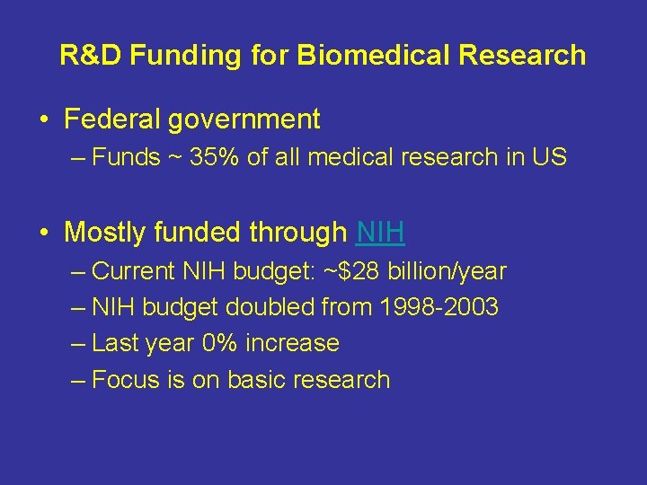 R&D Funding for Biomedical Research • Federal government – Funds ~ 35% of all