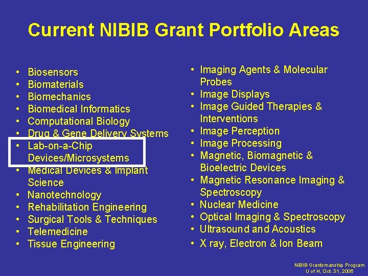 Current NIBIB Grant Portfolio Areas • • • • Biosensors Biomaterials Biomechanics Biomedical Informatics