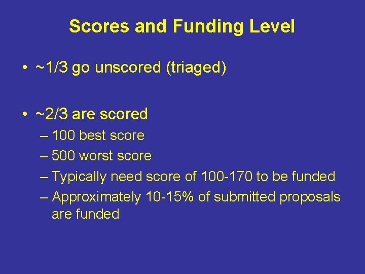 Scores and Funding Level • ~1/3 go unscored (triaged) • ~2/3 are scored –