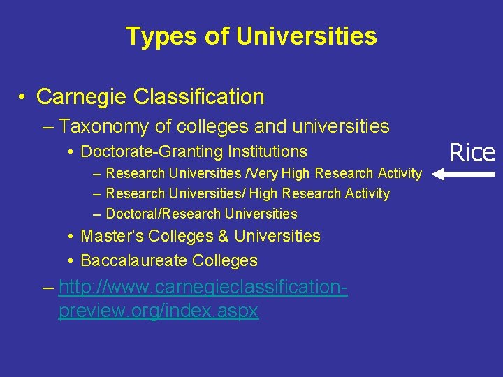 Types of Universities • Carnegie Classification – Taxonomy of colleges and universities • Doctorate-Granting