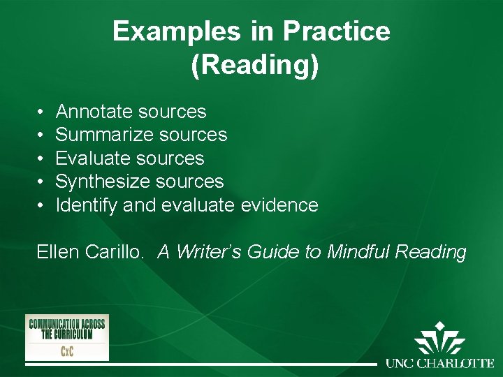 Examples in Practice (Reading) • • • Annotate sources Summarize sources Evaluate sources Synthesize