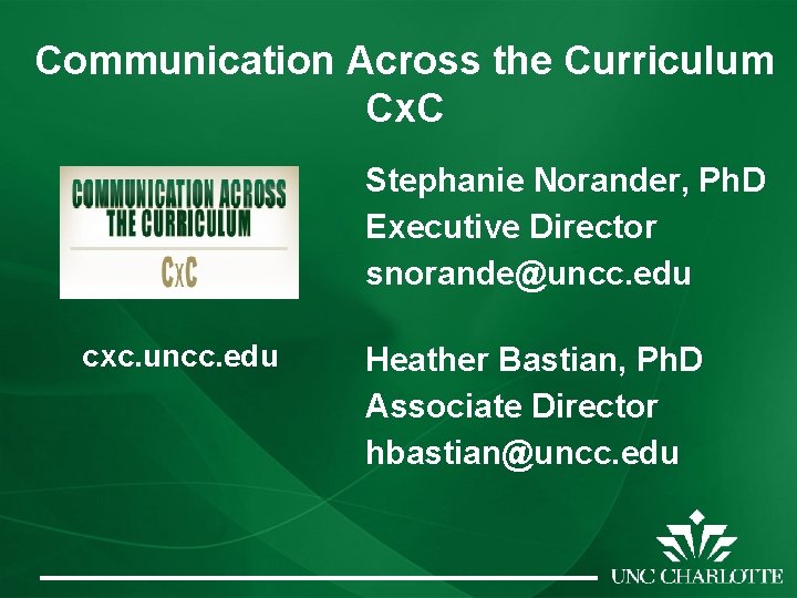 Communication Across the Curriculum Cx. C Stephanie Norander, Ph. D Executive Director snorande@uncc. edu