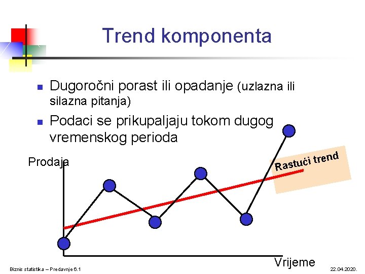 Trend komponenta n Dugoročni porast ili opadanje (uzlazna ili silazna pitanja) n Podaci se