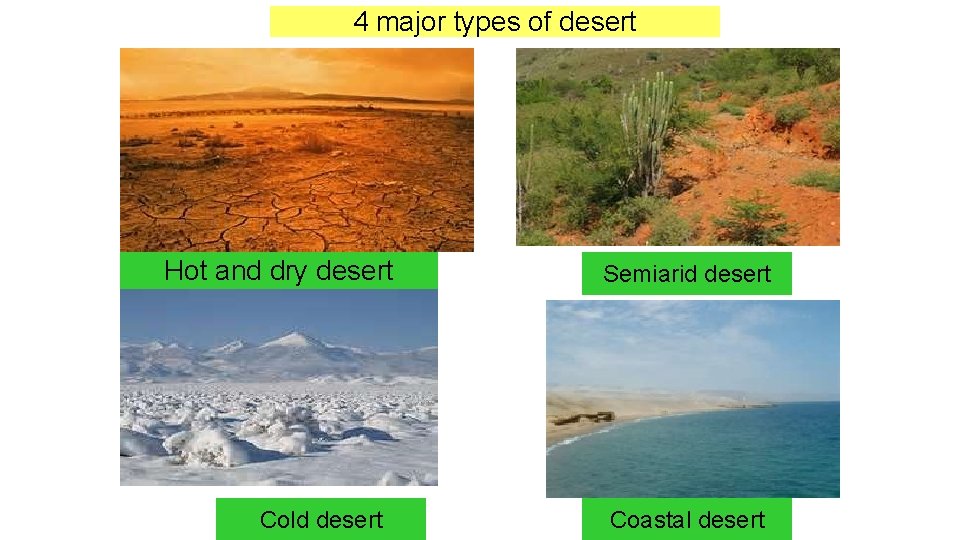 4 major types of desert Hot and dry desert Cold desert Semiarid desert Coastal