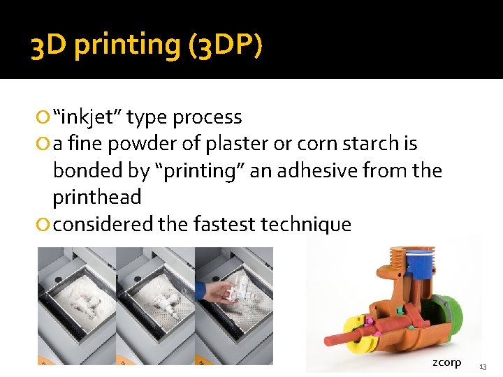 3 D printing (3 DP) “inkjet” type process a fine powder of plaster or