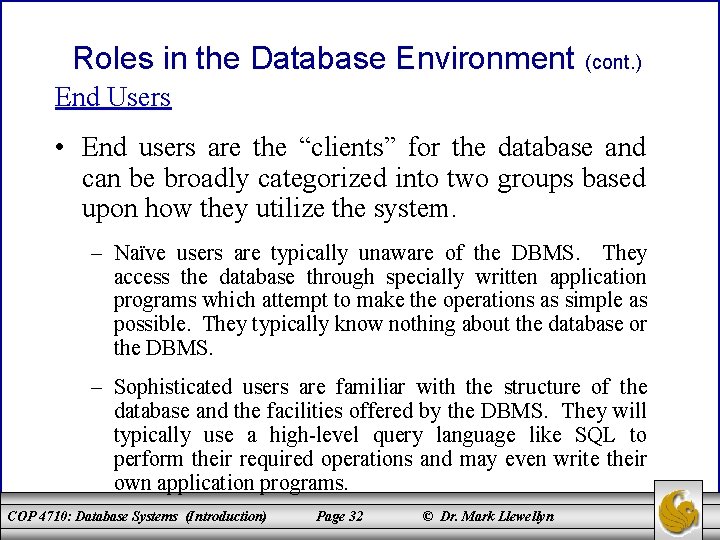 Roles in the Database Environment (cont. ) End Users • End users are the