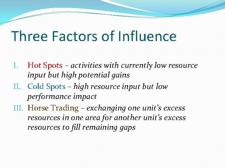 Three Factors of Influence Hot Spots – activities with currently low resource input but