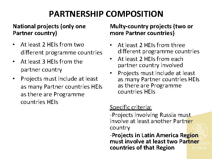 PARTNERSHIP COMPOSITION National projects (only one Partner country) Multy-country projects (two or more Partner