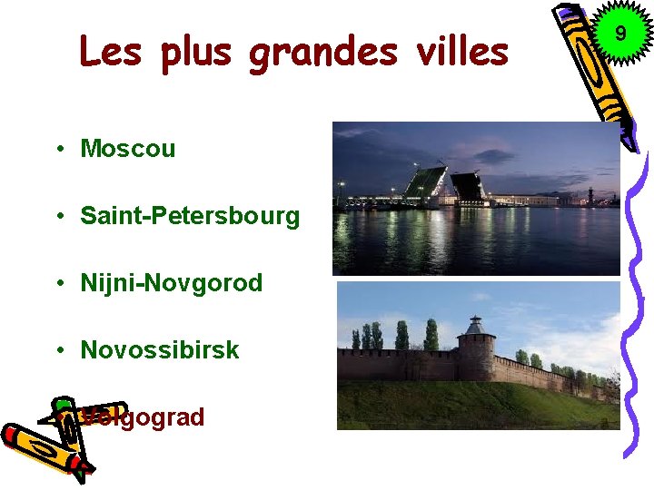 Les plus grandes villes • Moscou • Saint-Petersbourg • Nijni-Novgorod • Novossibirsk • Volgograd