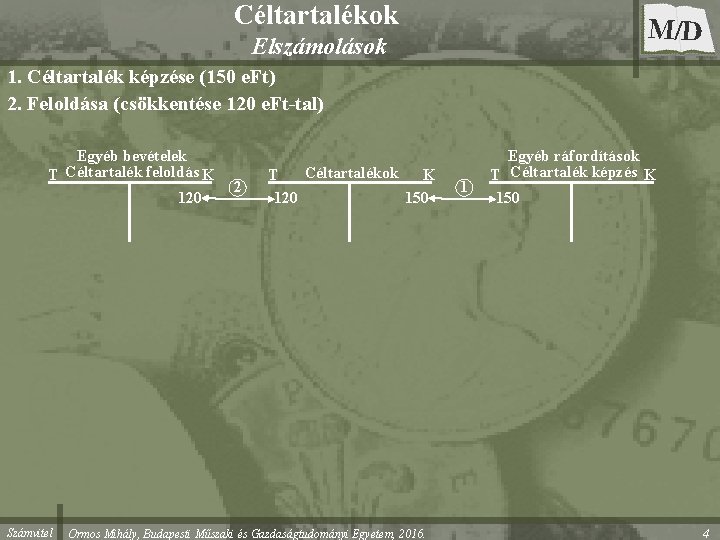 Céltartalékok M/D Elszámolások 1. Céltartalék képzése (150 e. Ft) 2. Feloldása (csökkentése 120 e.