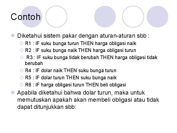 Contoh l Diketahui sistem pakar dengan aturan-aturan sbb : ¡ R 1 : IF