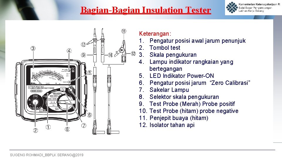 Bagian-Bagian Insulation Tester Keterangan: 1. Pengatur posisi awal jarum penunjuk 2. Tombol test 3.