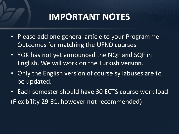 IMPORTANT NOTES • Please add one general article to your Programme Outcomes for matching