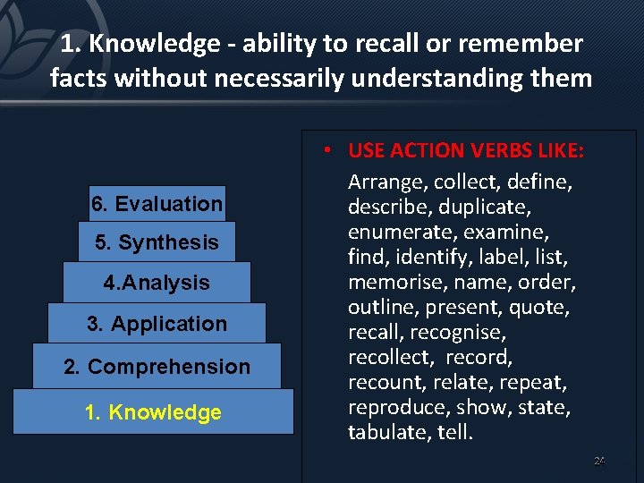 1. Knowledge - ability to recall or remember facts without necessarily understanding them 6.