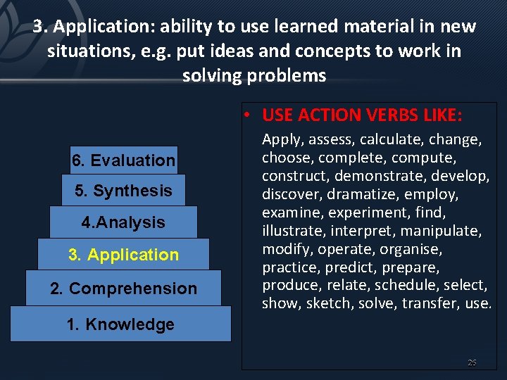 3. Application: ability to use learned material in new situations, e. g. put ideas