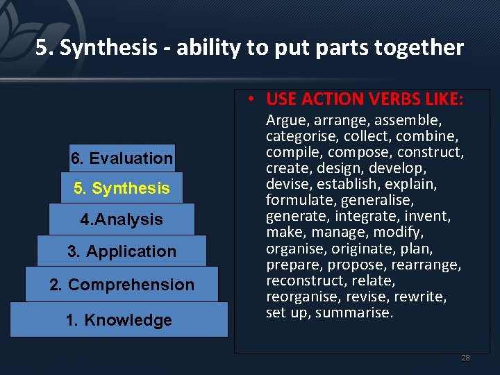 5. Synthesis - ability to put parts together • USE ACTION VERBS LIKE: 6.